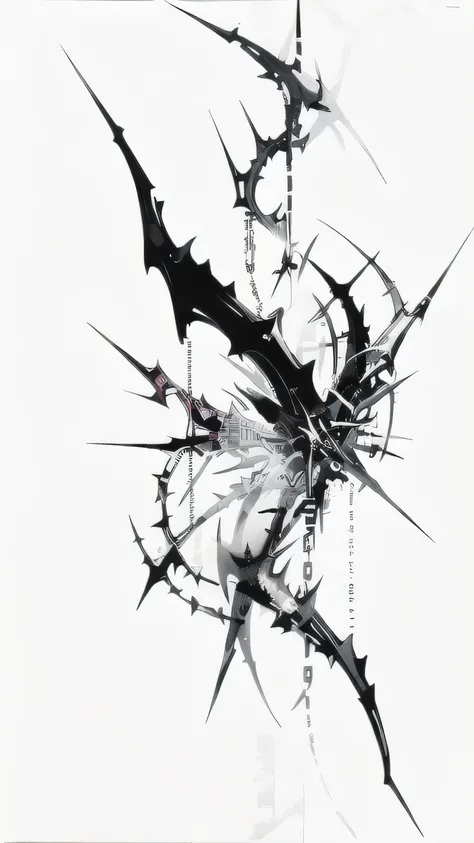 high quality, masterpiece, best quality, intricate details, araki nobuyoshi, thorns, arca album cover, ethereal punk, y2k, digital collage, flat, abstract shapes, chrome, paint splatter, random tribal shapes, long chain, neo tribal, metalheart