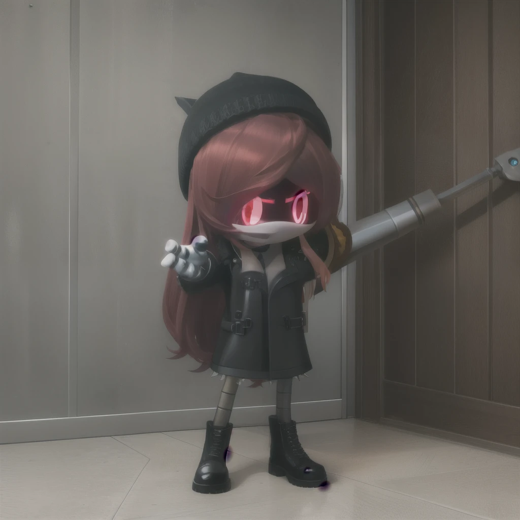 android, robot, mechanical arm, glowing eyes, red eyes, red hair, worker drone, long hair, spiky hair, male, solo, black trench coat, black boots, standing, 