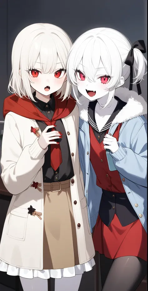 2 Girls、Cute hairstyle、Red Eyes、The fangs grow、vampire、high school student、Pure white and pale skin、Pure white hair、Winter clothes、Height 150〜180cm or more、vampire学園の生徒、Red nails、