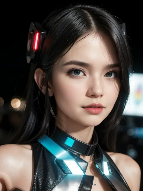 (high quality), (masterpiece), (detailed), 8K, Hyper-realistic portrait of (stunning young woman1.3) with (neon-lit cybernetic enhancements1.2) and (futuristic attire1.2). (Vibrant, neon lights1.2) illuminate her (sleek, modern hairstyle1.2) and (advanced,...