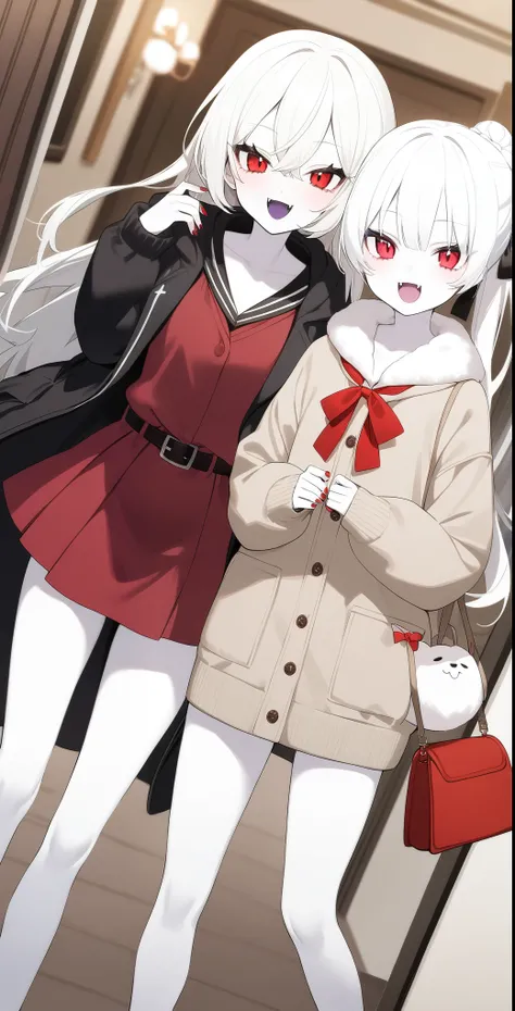 2 Girls、Cute hairstyle、Red Eyes、The fangs grow、vampire、high school student、Pure white and pale skin、Pure white hair、Winter clothes、Height 150〜Over 180cm、vampire学園の生徒、Red nails、