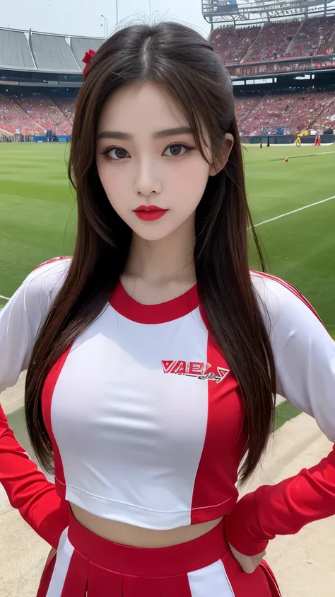 Beautiful girl, Korean makeup, Red lips, medium body, medium chest, femoral, cheerleader outfit, cổ vũ position, stadium landscape