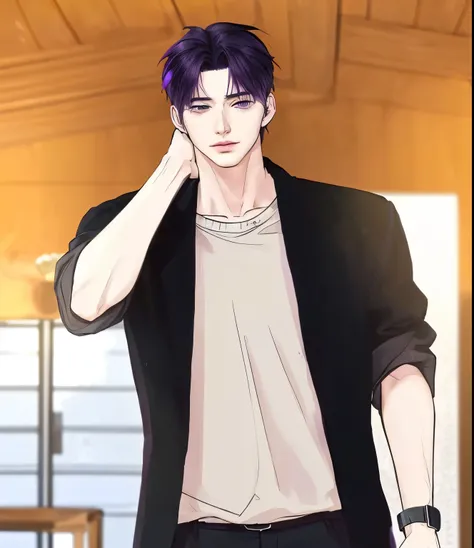 A man, handsome and his hair is faded purple