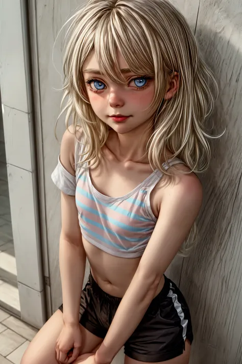 Anime style, Highres, Masterpiece, Best quality at best, Best Quality, hight quality, hight detailed, 1boy, blonde boy, boy body, cute boy, femboy, female physiognomy, detailed light blue eyes, short hair, messy hair, bangs, pastel rainbow inner hair color...