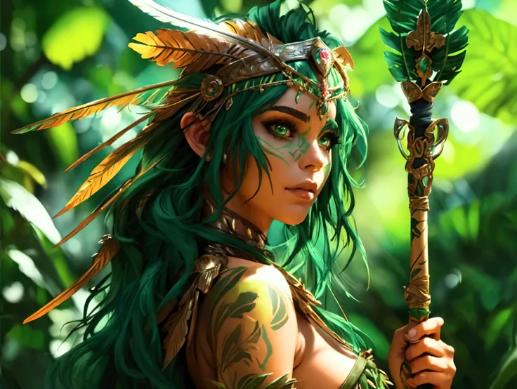 A beautiful green-haired amazon woman in the jungle with a tribal spear, detailed face, realistic, intricate details, epic, cinematic, dramatic lighting, lush environment, vibrant colors, masterpiece