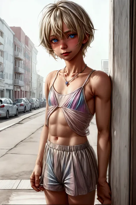 Anime style, Highres, Masterpiece, Best quality at best, Best Quality, hight quality, hight detailed, 1boy, (little boy), boy, blonde boy, blond Hair, perfect boy body, cute boy, detailed light blue eyes, detailed eyes, short hair, messy hair, pastel rainb...