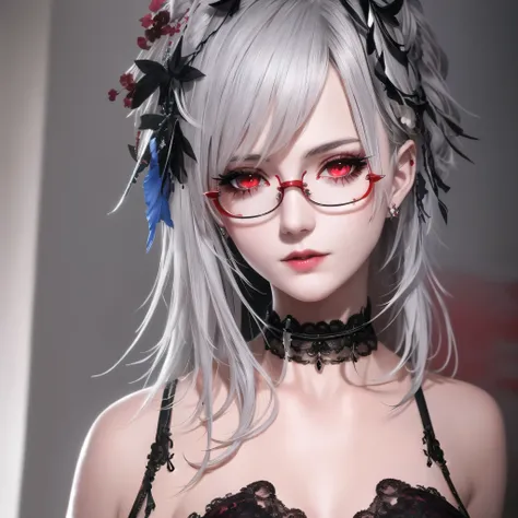 Surreal,  RAW Photos, 8k, masterpiece,
One girl, (Alone:1.4), Goth Girlfriend, 
Grey Hair, Updo, Hair falling on face, Red eyes, mascara, Sagging under the eyes, saggy , Clevis, Choker, Detailed Texture, Fine lace,Glasses