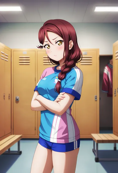 masterpiece, best quality,realistic anime art, solo, wearing soccer clothes, medium breasts,dark red hair ,short sleeves, thighs...