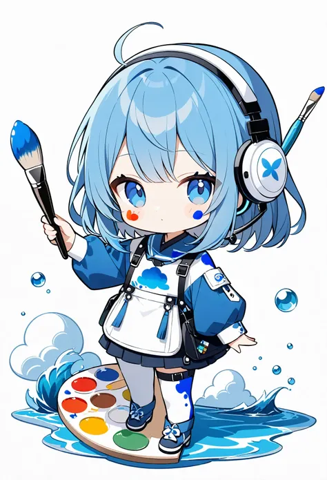 chibi character、cute、blue hair、paint on the right cheek、((equipped with a palette and paint brushes)),blue body inspired by the ...