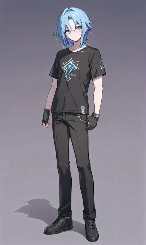 anime - style drawing of a man with blue hair and black pants, single character full body, detailed full body concept art, anime...