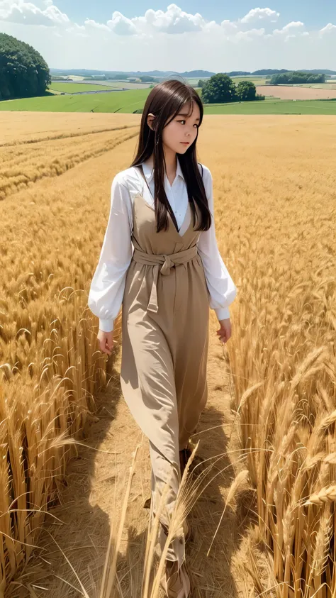 The girl walks through the wheat that has grown to her waist. The wind shakes the wheat fields. Very realistic footage. The camera shoots the girl from a distance. Fix shot
The girl is a Ghibli animation character.
