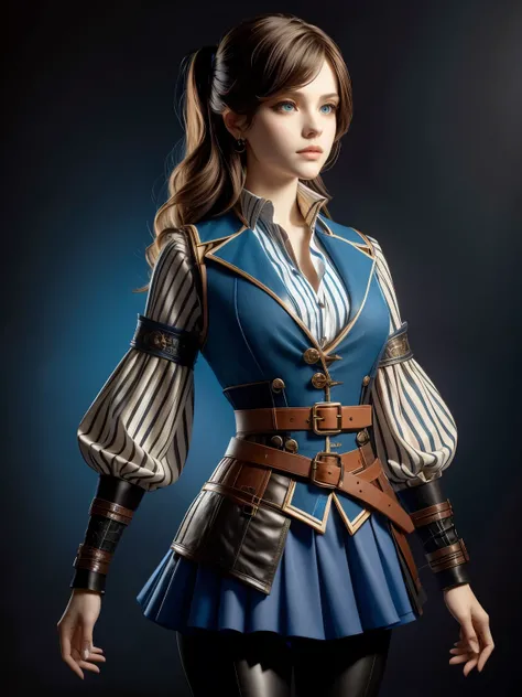 (High quality), (masterpiece), (detailed), 8K, Futuristic portrait of a captivating young woman, her modern attire featuring a (blue vest1.2) with intricate buttons, paired with a (black top1.2). (Long striped sleeves1.2) in white and black add a unique to...