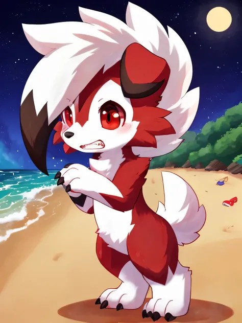 by: nakimayo，，a midnight lycanroc ,45° Side face，clenched teeth，smile，beach ，(red eyes: 1.5)，solo，openmouth，4 toes ，toe claws,teeth,tail，facial tuft，claws, ((feet paws)), (4 toes), toes, paw , (Chibi:1.2), 