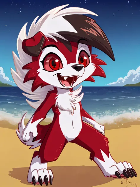 by: fuf，，a midnight lycanroc ,45° Side face，，smile，beach ，(red eyes: 1.5)，solo，openmouth，4 toes ，toe claws,teeth,tail，facial tuft，claws, ((feet paws)), (4 toes), toes, paw , (Chibi:1.2),
