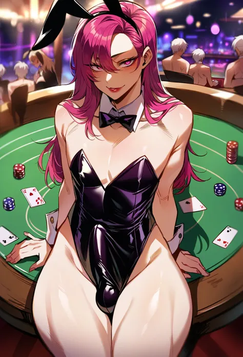 (Score_9, score_8_up, score_7_up), adult, depth of field, seductive, male on femboy, faceless male, sitting on lap, sitting at table, holding playing cards, looking at viewer, bunny suit, fake bunny ears, leotard, casino, night, indoors, modern interior, d...