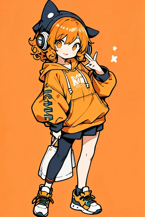 whole body、Simple Background、Standing upright、front、One cheerful girl(、Short, curly orange hair、Odd Eye、Street style clothing、hoodie、sneakers、headphone)