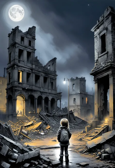 "Children playing innocently amongst ruins. Pencil drawing style, Banksy-esque street art. Collapsed buildings and graffiti in the background. hiding woman,looking over shoulder, dark and stormy night, raining, bright moon light"