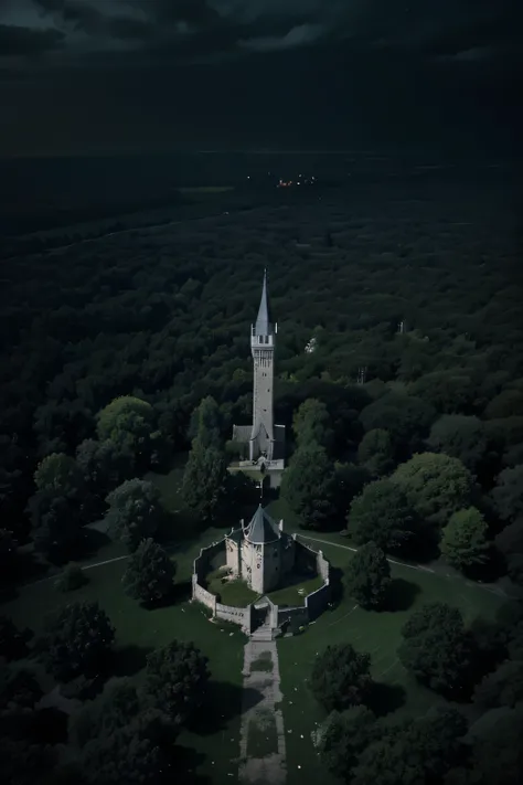 Octagonal Castle,Mysterious and scary,Worth discovering.,The night is dark and without light.,There is only a slight luminosity from the starlight.,Located amidst the forest,Abandoned castle,Surrounded by trees,This is a view from above showing the castle....