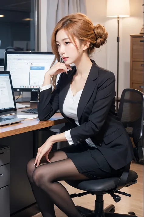 Beautiful japanese woman, brunette hair, white blouse, black office suit, pencil skirt, black stockings, in office,