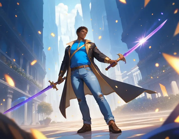 , score_9,score_8_up,score_7_up, (masterpiece, high detailed) , solo, mature men, African skin, short hair, bulk body shape, wearing a black jacket and blue shirt, jeans pants, a golden sword with purple blade on his hands a energy particles and magic ligh...