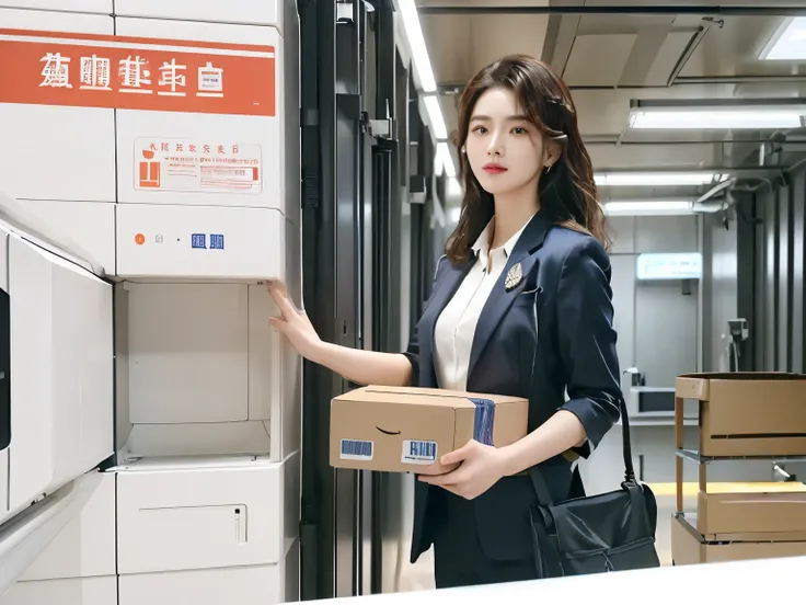 woman in a suit holding a box in front of a machine, delivering mail, li zixin, jia, wenfei ye, security robots delivery, ad image, capsule hotel, screenshot from a movie, by Yang J, xiaofan zhang, promo still, delivering packages for amazon, cai xukun, in...