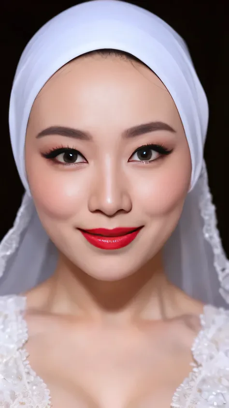((Realistic lighting, Best quality, 8K, Masterpiece: 1.3)), Clear focus: 1.2, 1 indonesian hijab girl, lolita , Perfect close up, beauty nude, naked, (White hijab, medium saggy breasts: 1.3), lace material, (indoor, night: 1.1), porn studio background, Su...