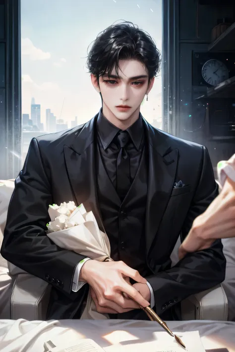 Korean, 2024, movie star, movie actor, sharpness, trendy hair, Not cheap, man, Arrogance, Black Eyes, Modern era, seoul, formal black suit, 2 buttons undone, Cufflinks, cold personality