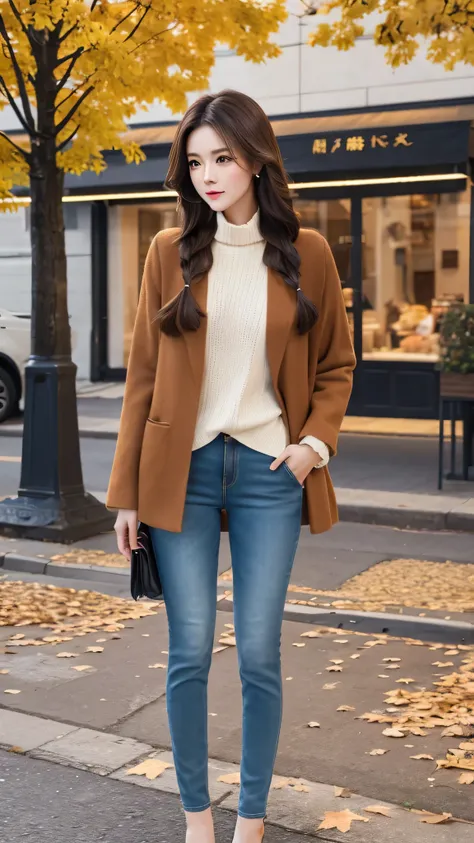 Young girl，Hanging Hair，Dark brown hair，Streetscape，Full body Ezbian，Long legs，Beautiful body structure cover，Ultra-detailed drawings， Amazingly realistic photos，(Casual Hairstyles,:1.2), Incredibly graceful pose, A goddess-like presence，Office Lady、【Knitt...