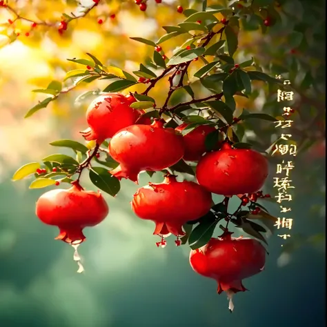 there are some red fruit hanging from a tree branch, Ghost Festival, pomegranates, wonderful, pomegranate, Wang Chen, pomegranade, wallpaper - 1 0 2 4, from china, ❤🔥🍄🌪, beautiful image, jin shan, that, 4 8 0 p, 480p