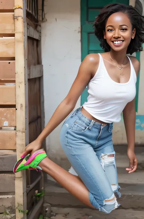 Ethiopian women,smile,whole body,{short|length}hair,Small breasts,White loose tank top,Baggy jeans,sneakers,Detailed eyes,Detailed nose,Detailed mouth,Jumping