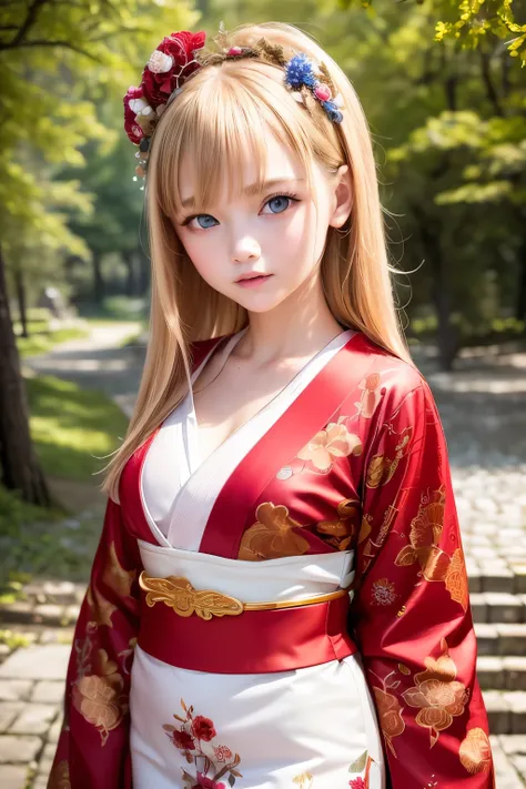 masterpiece,Best Quality,Very detailed,beautiful girl, teenager,Red floral pattern furisode,Kimono with intricate patterns,Outdoor,Autumnal forest,Small breasts,Narrow waist,Straight blonde hair,Perfect Blue Eyes,Very cute