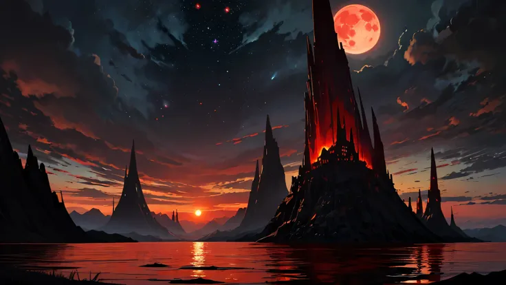 "A dark, otherworldly landscape is dominated by a towering black mountains, sharply outlined against an enormous, glowing blood-red moon. The moon casts a haunting crimson light across the sky, while swirling dark clouds drift ominously around it, creating...