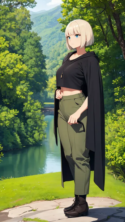 short straight hair with a fringe, olive black crop top, high-waisted olive green pants, creen cloak flowing over shoulders, no visible accessories, relaxed standing pose, looking straight ahead, smooth fair skin, outdoor mountainous scenery, green hills a...