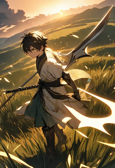 "Create a highly detailed, hand-drawn anime-style image of a young boy, around , with a slender but athletic build. He stands confidently wielding an extremely thin yet intricately designed alabarda (halberd). The weapon is nearly as tall as him, with a de...
