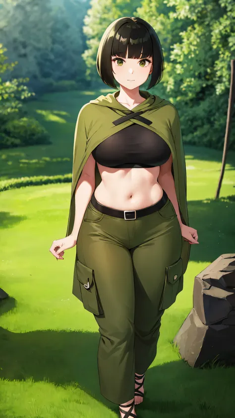 short straight hair with a fringe, olive black crop top, high-waisted olive green pants, creen cloak flowing over shoulders, no visible accessories, relaxed standing pose, looking straight ahead, smooth fair skin, outdoor mountainous scenery, green hills a...