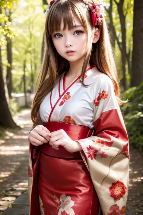 masterpiece,Best Quality,Very detailed,beautiful girl, teenager,Red floral pattern furisode,Kimono with intricate patterns,Outdoor,Autumnal forest,Small breasts,Narrow waist,Straight blonde hair,Perfect Blue Eyes,Very cute