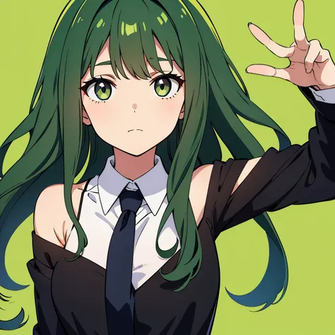 One girl, Shoulder-length wavy hair, Bangs, Green Hair, Slanted Eyes, Black Eyes, Simple Background, Long sleeve shirt with tie ,Anime Style