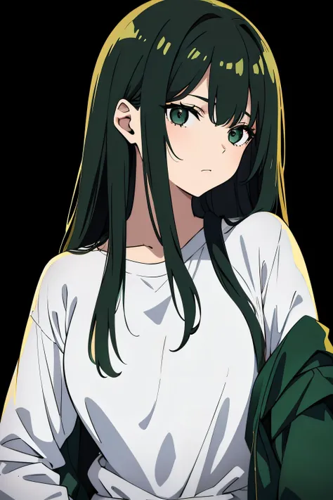 One girl, Long Hair, Bangs, Dark green hair, Slanted Eyes, Black Eyes, Simple Background, Anime Style, shirt