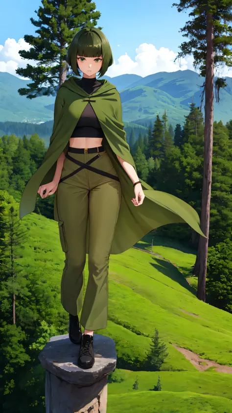 short straight hair with a fringe, olive black crop top, high-waisted olive green pants, creen cloak flowing over shoulders, no visible accessories, relaxed standing pose, looking straight ahead, smooth fair skin, outdoor mountainous scenery, green hills a...