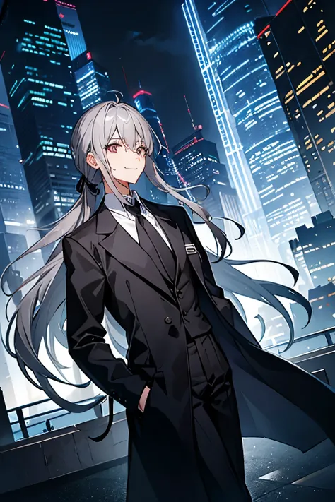 1 person、male、Long Hair、2D、Shy、Hair tied back、Gray suit、Break、Grey Hair、Silver Eyes、smile、The background is skyscrapers、night、Skyscraper