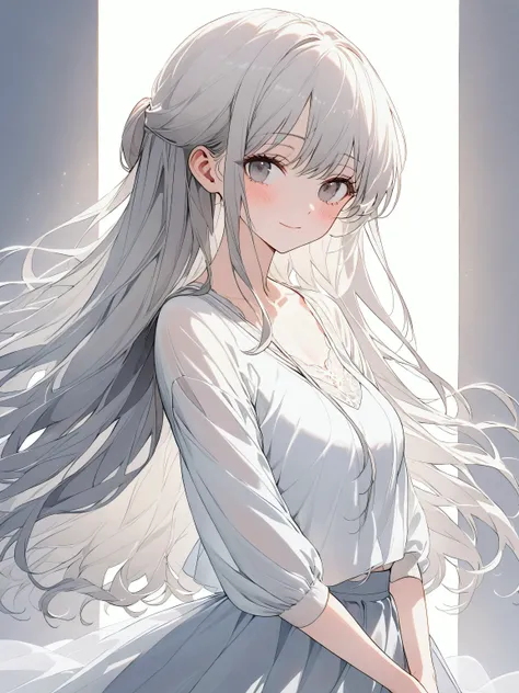 (pale white-silver hair), (flowing straight hair), shoulder-length hair, half updo, delicate waves, soft round face, porcelain skin, (large gentle gray eyes), deep gaze, soft reserved smile, (slender figure), white blouse, pastel tones, light fabric, subtl...