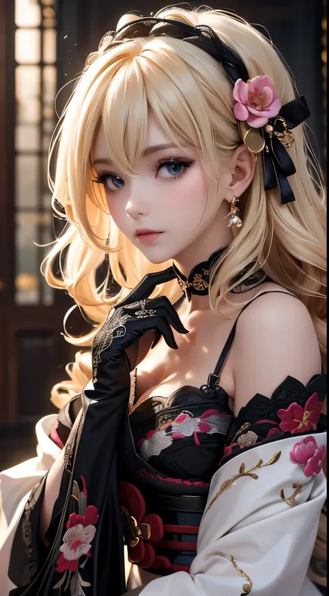 a beautiful woman, light blonde hair, soft loose curls, black gloves, elaborate costumes(high-end kimono(black kimono(detailed e...