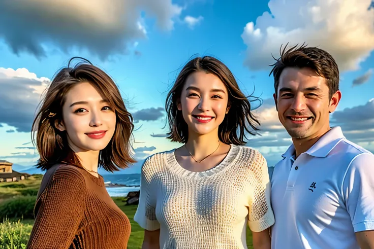 (Realistic, 超Realistic:1.4), 16K HDR, High resolution,Brown short hair,The best smile、One man and two women、Model Couple、Short sleeve dress,whiskey、Scotland、Amazing view of the sunset sky and clouds、,Digital SLR camera, Soft lighting, Sharp focus, プロ品質のHig...