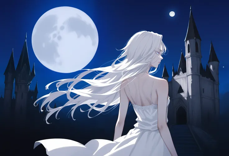 1girl, solo, girl on lower right position, from behind, Diabolical, Ruined palace in the distance, Gloomy painting style, behind her a gothic castle,
red full moon, night sky, (castlevania_ayami_kojima_xl, game art, castlevania Style, Illustration, Artwork...