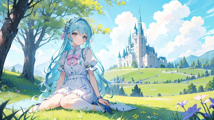 A cute  with soft pastel colored hair and clothes、Sitting on a grassland in a peaceful fantasy world。In the background is a beautiful sky and gentle clouds.、In the distance stands a large and impressive castle.。The girl&#39;s expression is calm and satisfi...