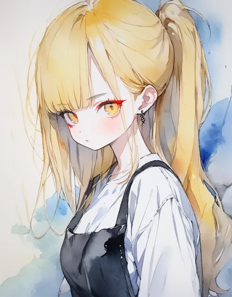 1 female, (yellow hair:1.2),pony tail,(gradient hair from red to yellow:0.6),pink rip,(red eyeshadow),red eyebrow,yellow eyes,albino, narrow eyes,straight hair,(from front),looking viewer,white shirts, black apron, black jeans,黒いチョーカー,earrings,medium breas...