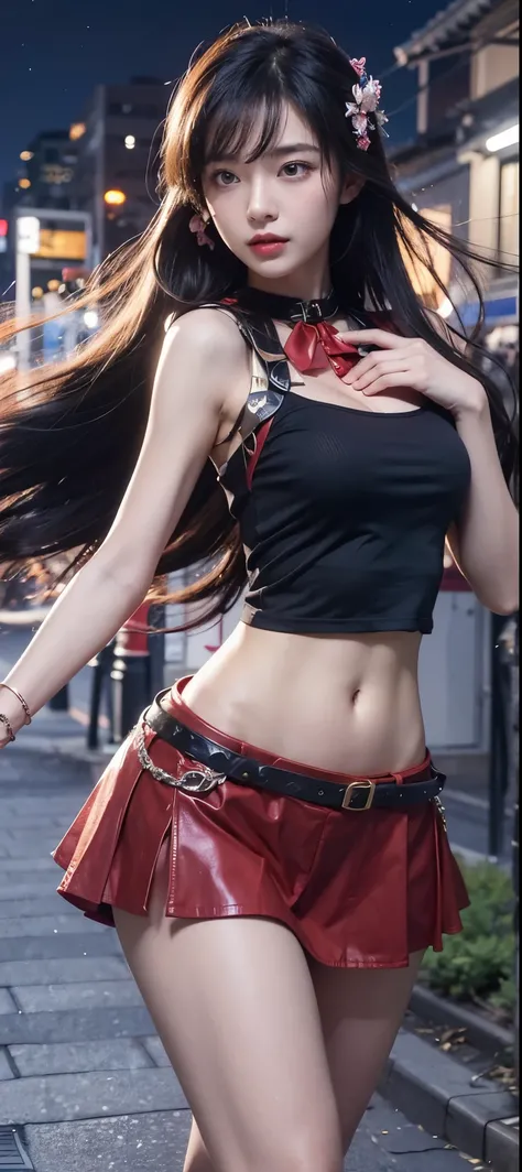  A striking young japanese woman with long, flowing black hair stands confidently in a nighttime urban setting. She is dressed in a fashionable, modern outfit consisting of a black crop top that reveals her slim, toned midriff, and a short red skirt adorne...