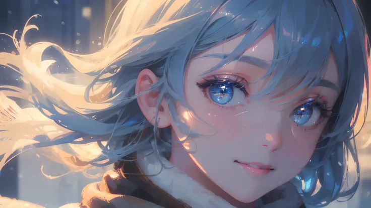 (a beautiful girl with warm, detailed face, detailed eyes, soft lighting, smiling, winter, snow, blue hair, brown eyes, scarf, posing, 8k, best quality, masterpiece:1.2, realistic, photorealistic:1.37, ultra-detailed, vivid colors, studio lighting)