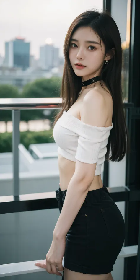 A young japanese woman leans casually against a railing in a softly lit urban setting. She has long, flowing brown hair and bright blue eyes that give her a warm, inviting expression. She is dressed in a fashionable cropped off-shoulder top that subtly rev...