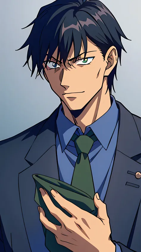 fushiguro toji, 1male, solo, dark blue suit, green necktie, dark blue slack, black hair, evil face, scar from a cut at the left ...